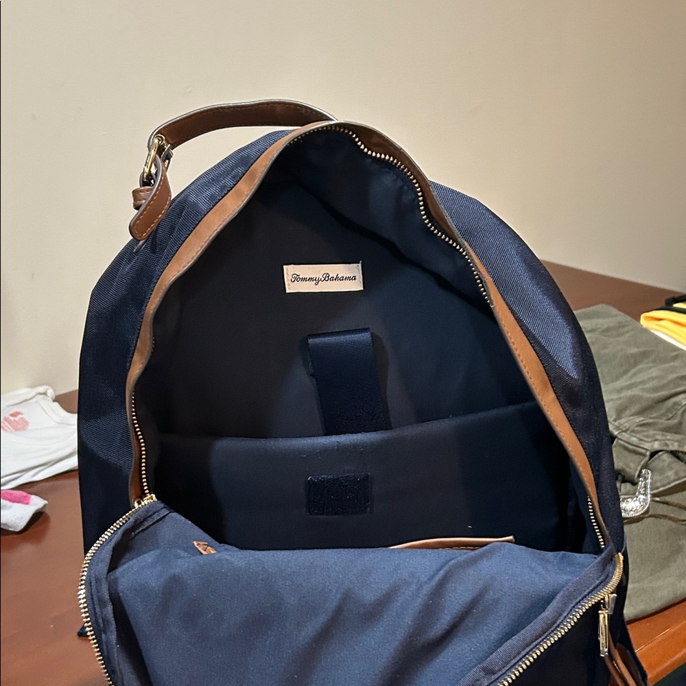 Tommy Bahama Navy Blue Backpack with Brown Accents